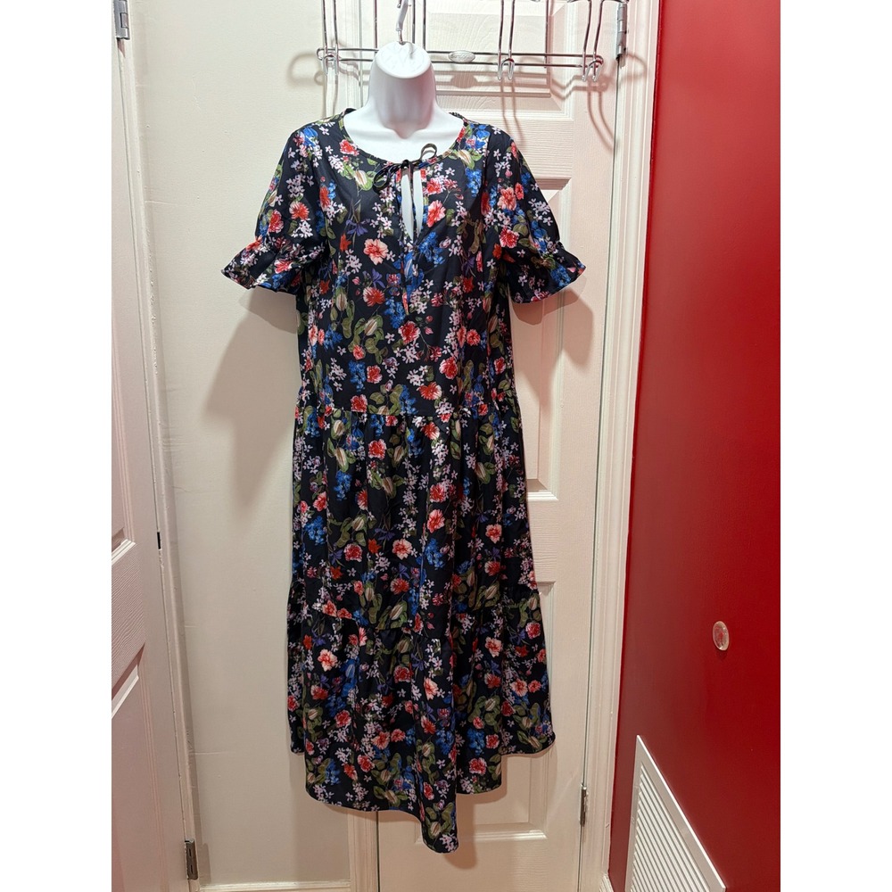 Misslook Floral Tiered Midi Dress Womens Black Keyhole Tie Front S